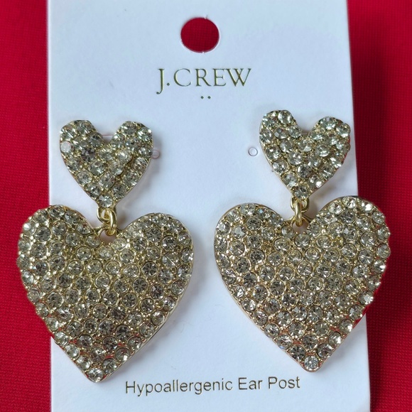 J.Crew Crystal Heart Drop Earrings Gold Tone Rhinestone Hypoallergenic NEW - Picture 2 of 9